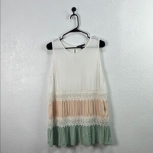 Signature Studio Plus Size Lace Trim Midi Dress Tan Cream Green Sz L Sleeveless